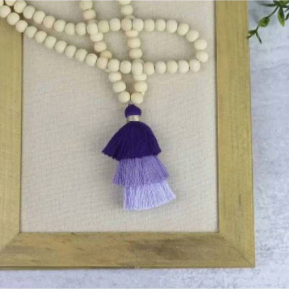 NEW LAUREN LANE women's ombré tiered tassel wood bead necklace in purple